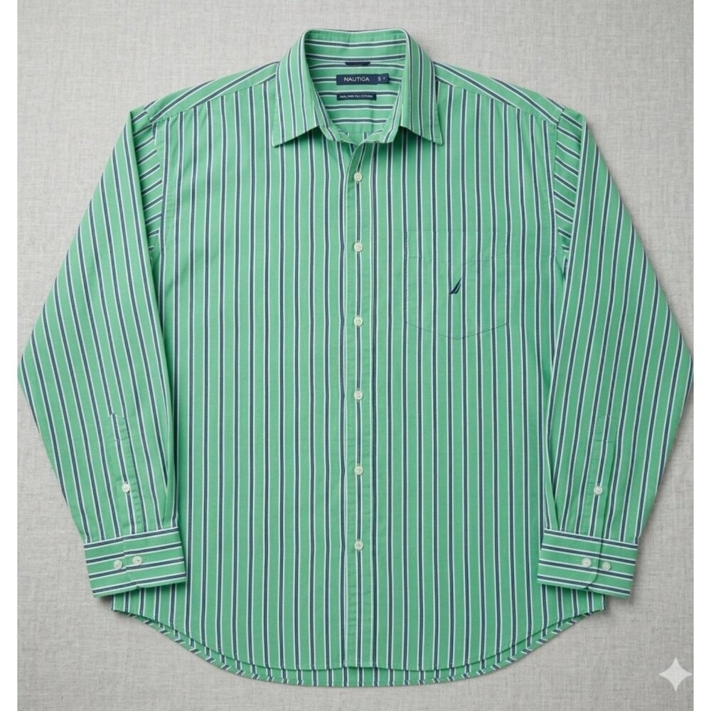 Nautica Green & Navy Striped Button-Down Long Sleeve Shirt XL Cotton Mens